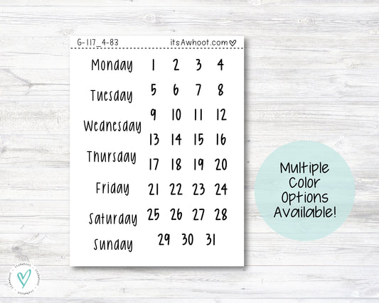 Days of the Week and Date Dots Planner Stickers (G117_4)