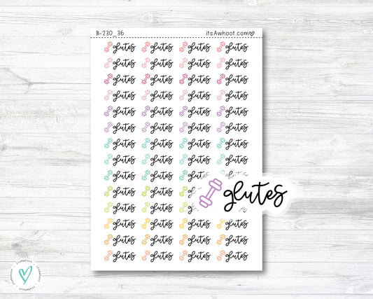 Glutes Script Stickers, Glutes Planner Stickers, Glutes with Dumbbell Icon Stickers (B230_36)
